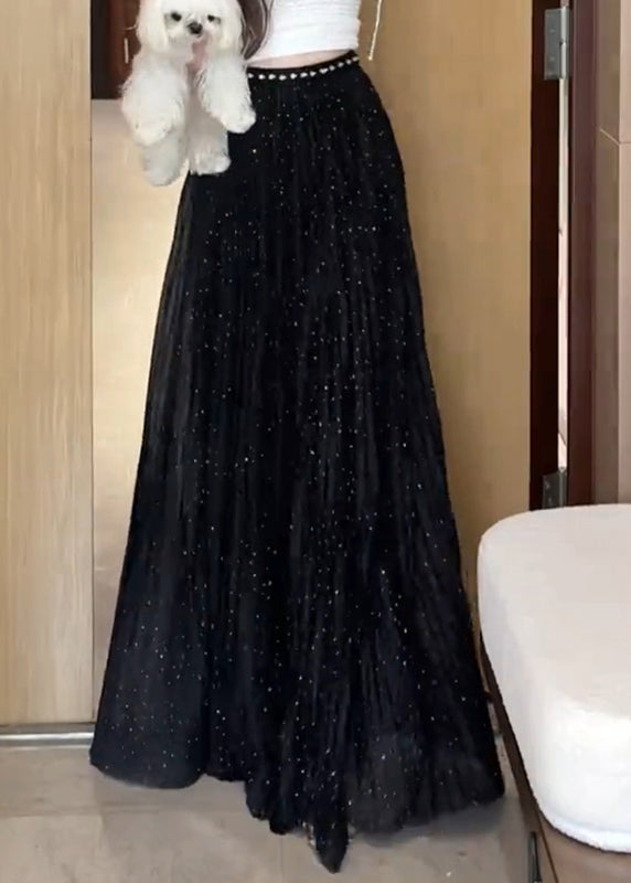 New Black Zircon Wrinkled Tulle Maxi Skirts Summer