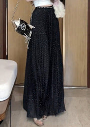 New Black Zircon Wrinkled Tulle Maxi Skirts Summer