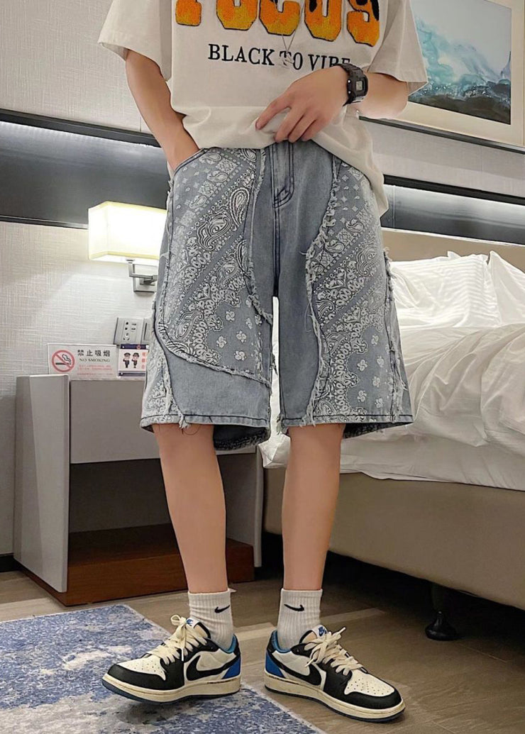New Blue Asymmetrical Raw Edge Denim Mens Shorts Summer