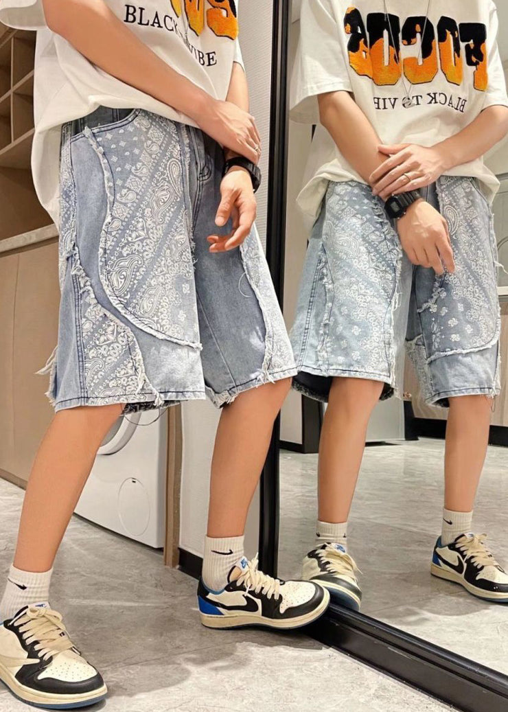 New Blue Asymmetrical Raw Edge Denim Mens Shorts Summer