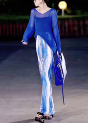 New Blue Asymmetrical Tops And Tie Dye Pants Ice Silk Two Pieces Set Spring