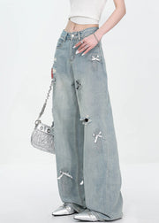 New Blue Bow Hole High Waist Denim Pants Fall