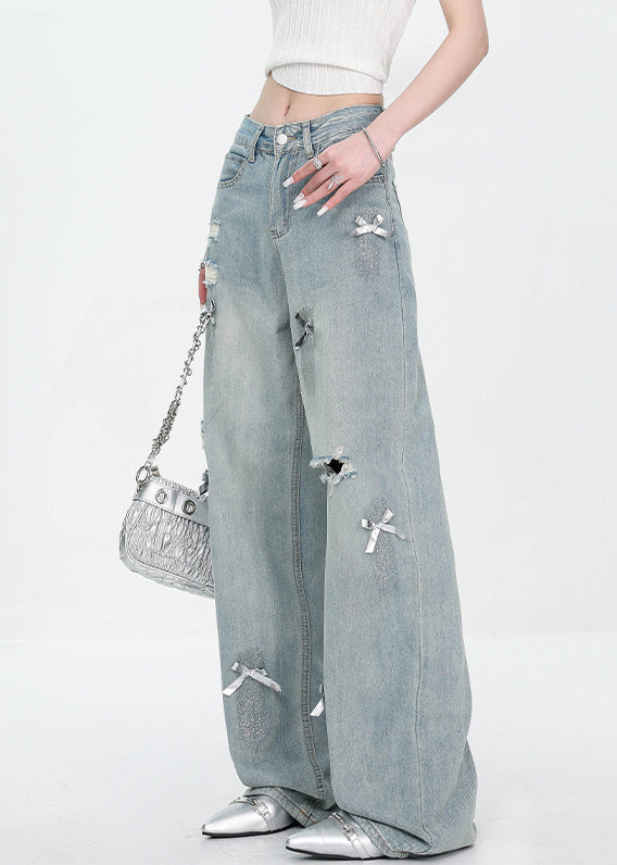 New Blue Bow Hole High Waist Denim Pants Fall
