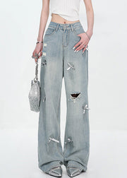 New Blue Bow Hole High Waist Denim Pants Fall