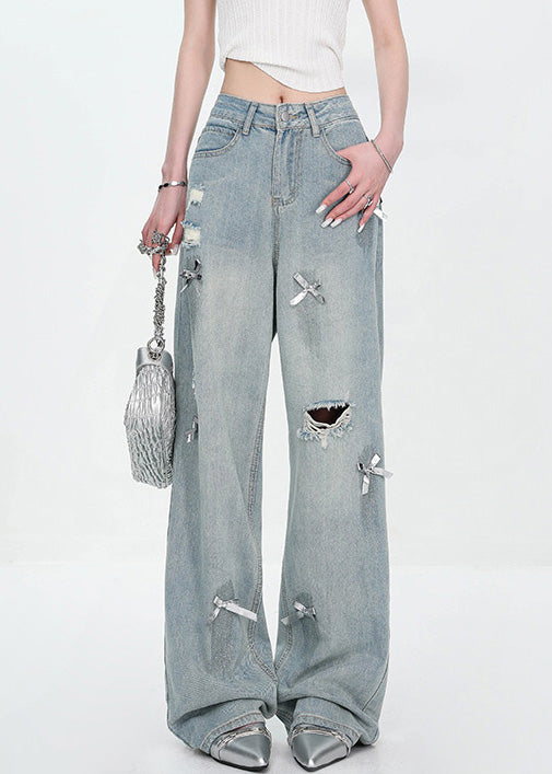 New Blue Bow Hole High Waist Denim Pants Fall