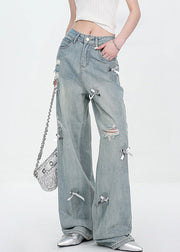 New Blue Bow Hole High Waist Denim Pants Fall