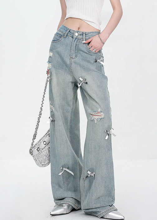 New Blue Bow Hole High Waist Denim Pants Fall