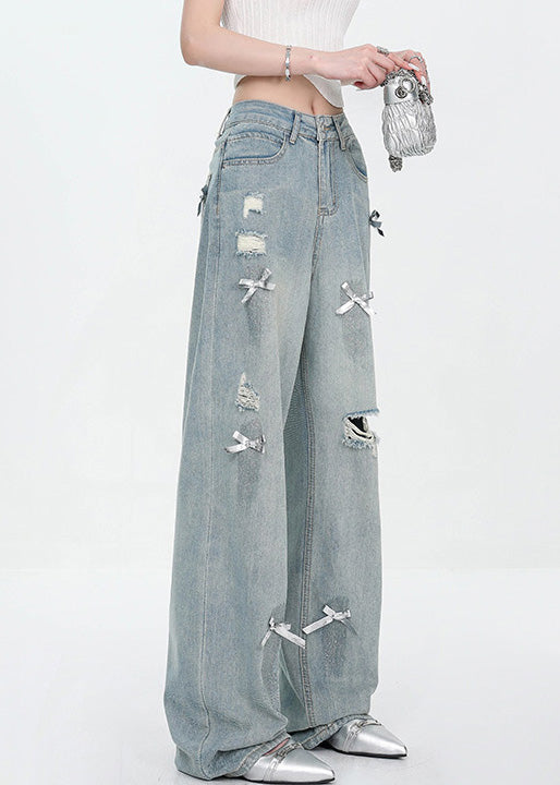 New Blue Bow Hole High Waist Denim Pants Fall