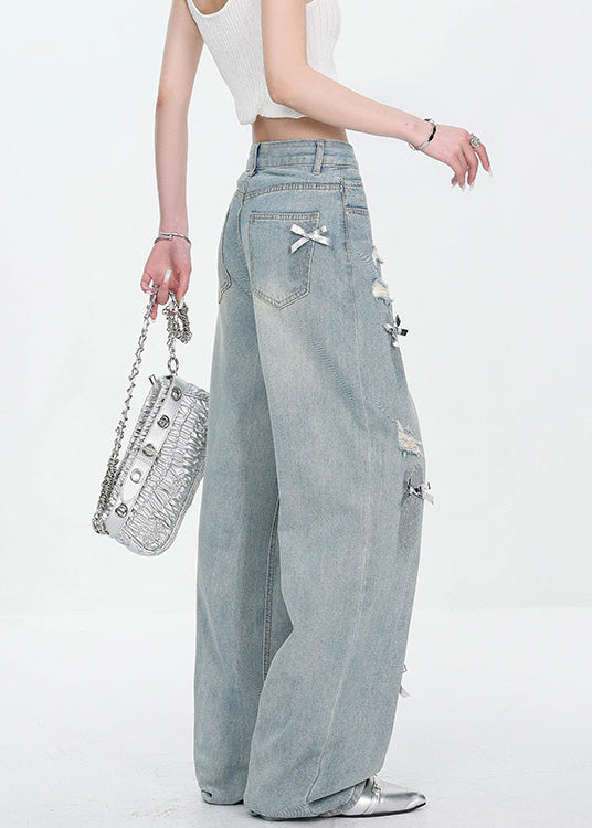 New Blue Bow Hole High Waist Denim Pants Fall
