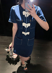 New Blue Bow Zircon Pockets Denim Dresses Summer