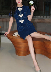 New Blue Bow Zircon Pockets Denim Dresses Summer