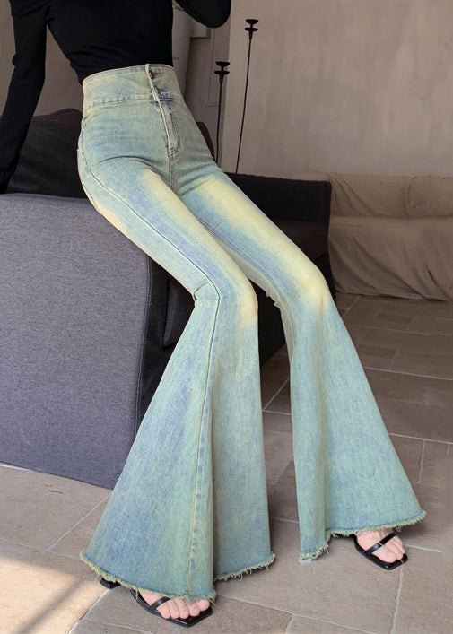 New Blue Button High Waist Denim Flared Trousers Fall