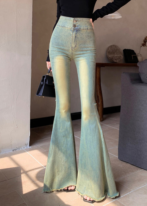 New Blue Button High Waist Denim Flared Trousers Fall
