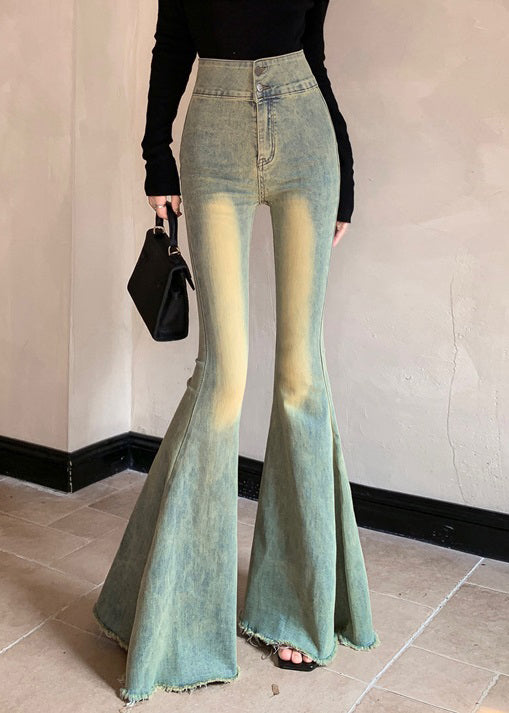 New Blue Button High Waist Denim Flared Trousers Fall
