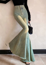 New Blue Button High Waist Denim Flared Trousers Fall