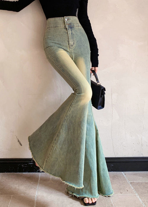 New Blue Button High Waist Denim Flared Trousers Fall