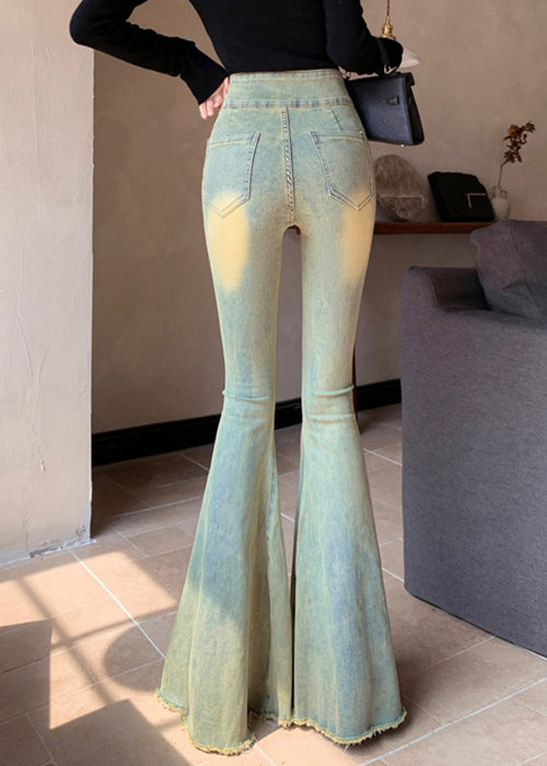 New Blue Button High Waist Denim Flared Trousers Fall