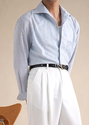 New Blue Button Pockets Linen Men Shirts Fall