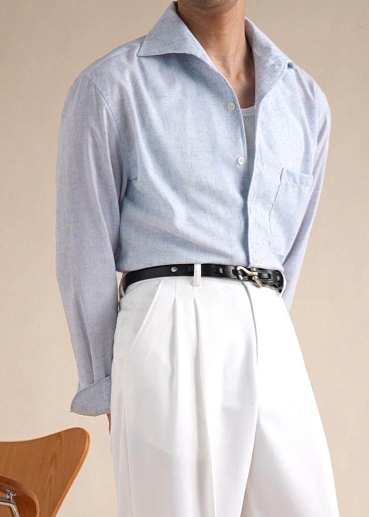 New Blue Button Pockets Linen Men Shirts Fall