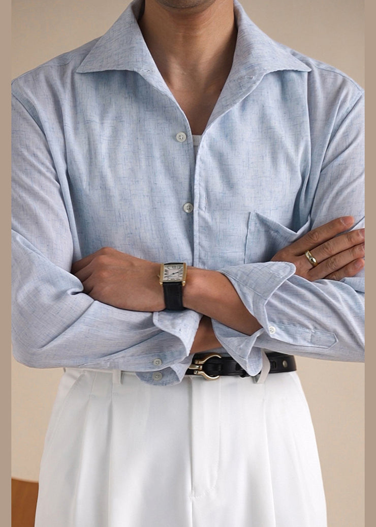 New Blue Button Pockets Linen Men Shirts Fall