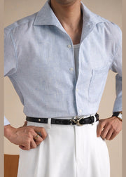New Blue Button Pockets Linen Men Shirts Fall