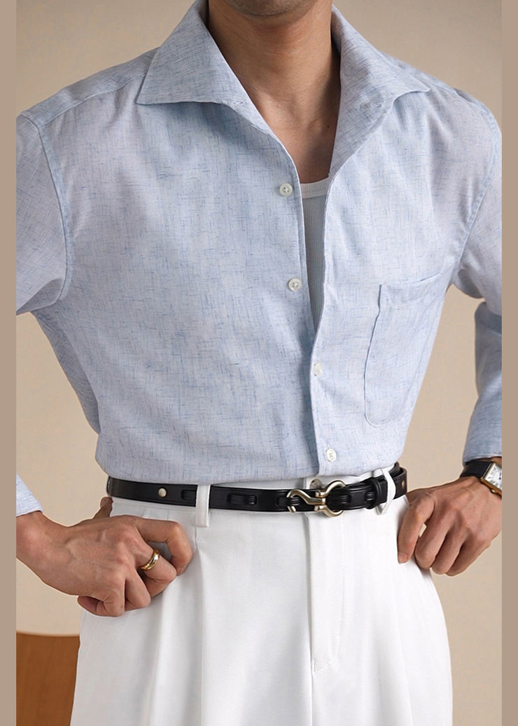 New Blue Button Pockets Linen Men Shirts Fall