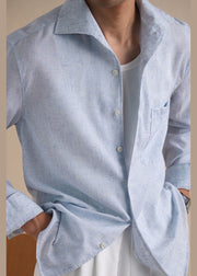 New Blue Button Pockets Linen Men Shirts Fall