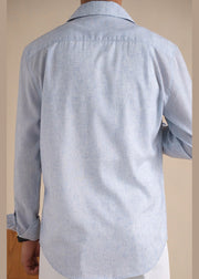 New Blue Button Pockets Linen Men Shirts Fall