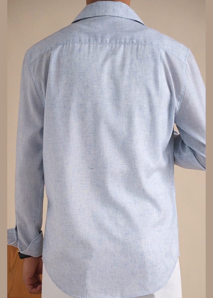 New Blue Button Pockets Linen Men Shirts Fall