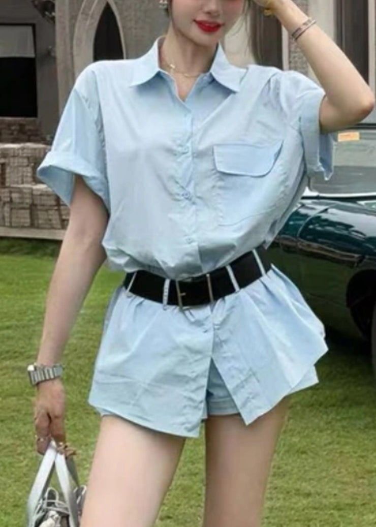 New Blue Button Shirts And Shorts Cotton Two Piece Set Summer