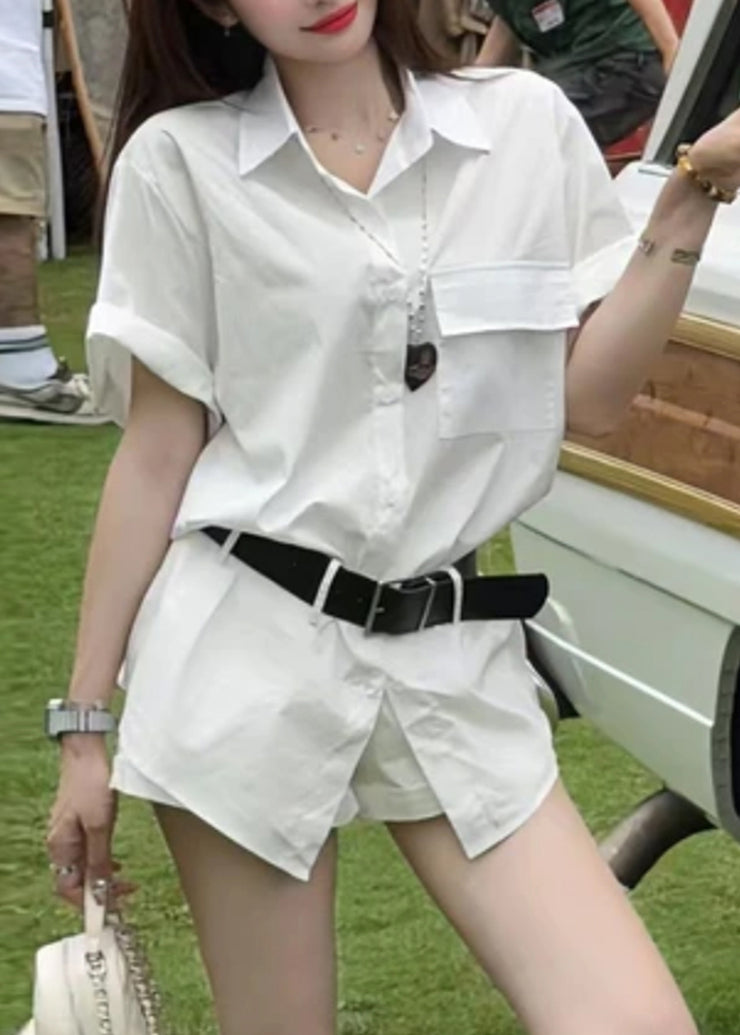 New Blue Button Shirts And Shorts Cotton Two Piece Set Summer