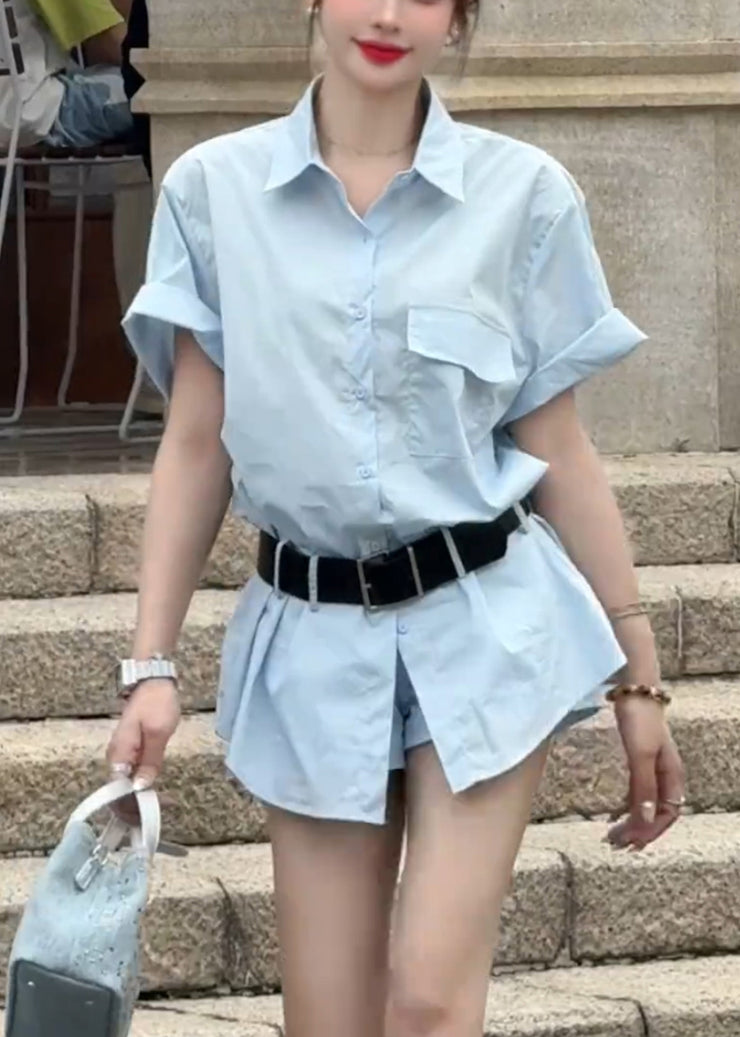 New Blue Button Shirts And Shorts Cotton Two Piece Set Summer