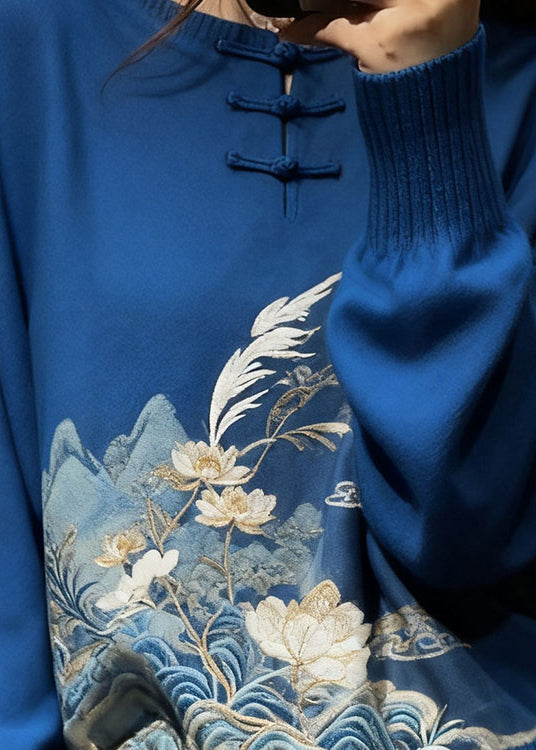 New Blue Embroidered Button Cozy Knit Sweaters Fall