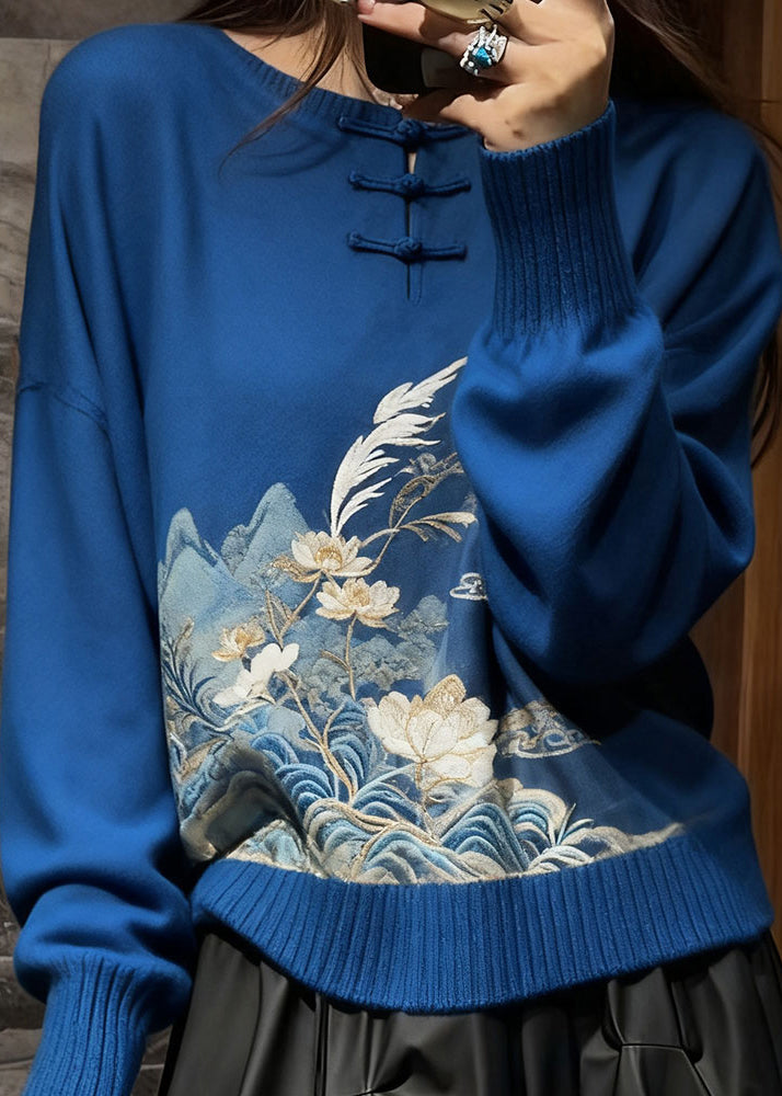 New Blue Embroidered Button Cozy Knit Sweaters Fall