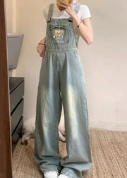 New Blue Embroidered Pockets Denim Jumpsuit Sleeveless