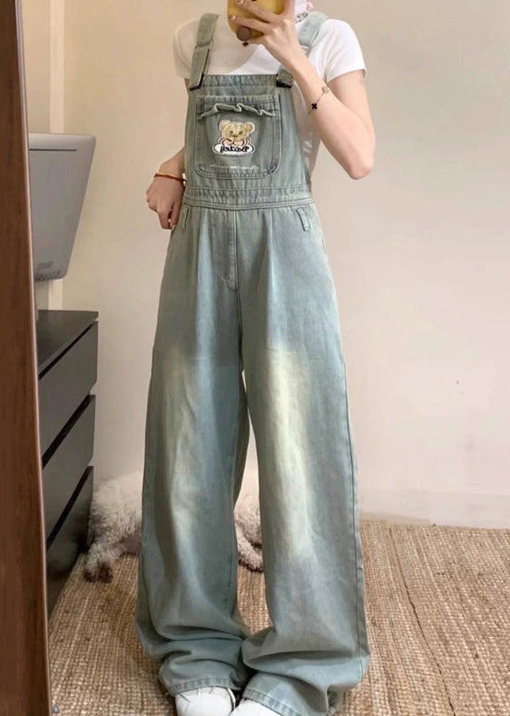 New Blue Embroidered Pockets Denim Jumpsuit Sleeveless