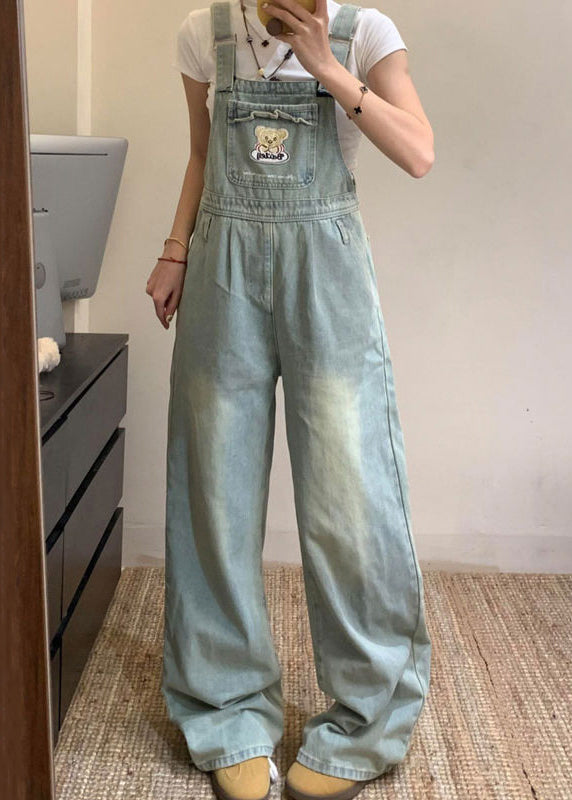 New Blue Embroidered Pockets Denim Jumpsuit Sleeveless