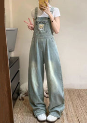 New Blue Embroidered Pockets Denim Jumpsuit Sleeveless