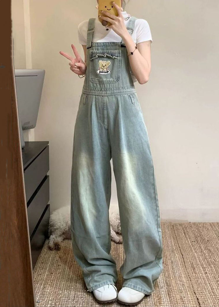New Blue Embroidered Pockets Denim Jumpsuit Sleeveless