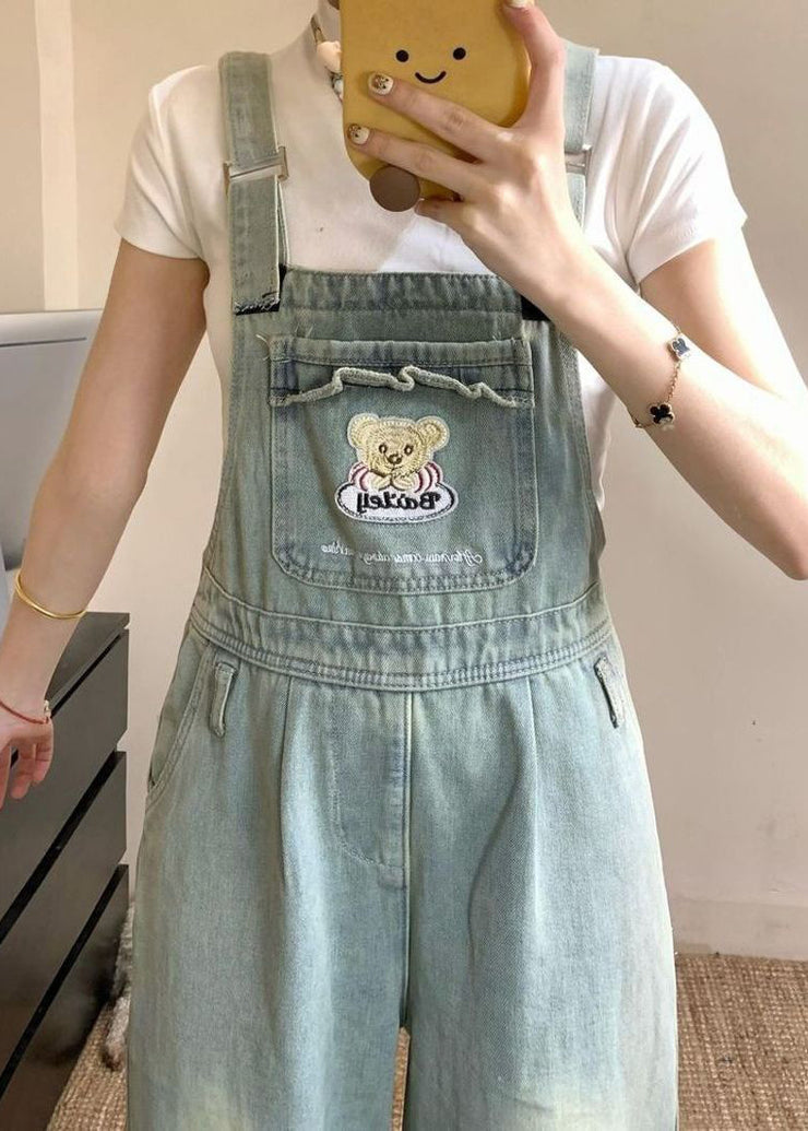 New Blue Embroidered Pockets Denim Jumpsuit Sleeveless