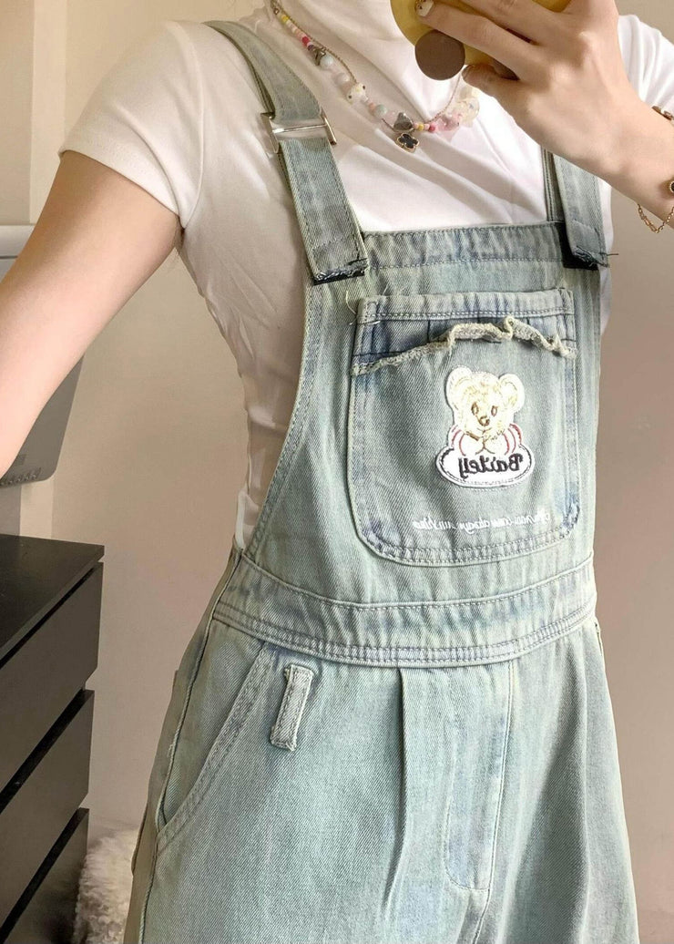 New Blue Embroidered Pockets Denim Jumpsuit Sleeveless
