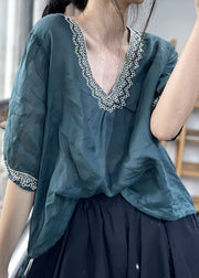 New Blue Embroidered Solid Linen Blouses Summer