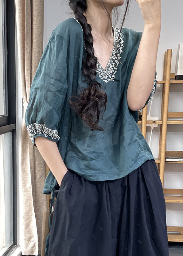 New Blue Embroidered Solid Linen Blouses Summer