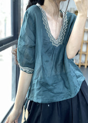 New Blue Embroidered Solid Linen Blouses Summer