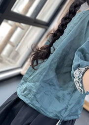 New Blue Embroidered Solid Linen Blouses Summer