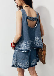 New Blue O Neck Embroidered Denim Two Pieces Set Summer