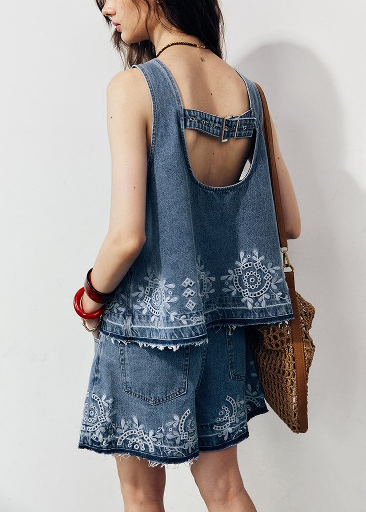 New Blue O Neck Embroidered Denim Two Pieces Set Summer
