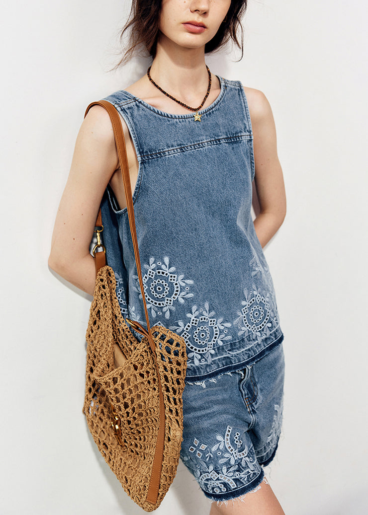 New Blue O Neck Embroidered Denim Two Pieces Set Summer