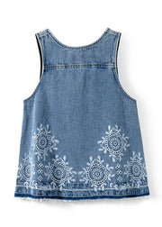 New Blue O Neck Embroidered Denim Two Pieces Set Summer
