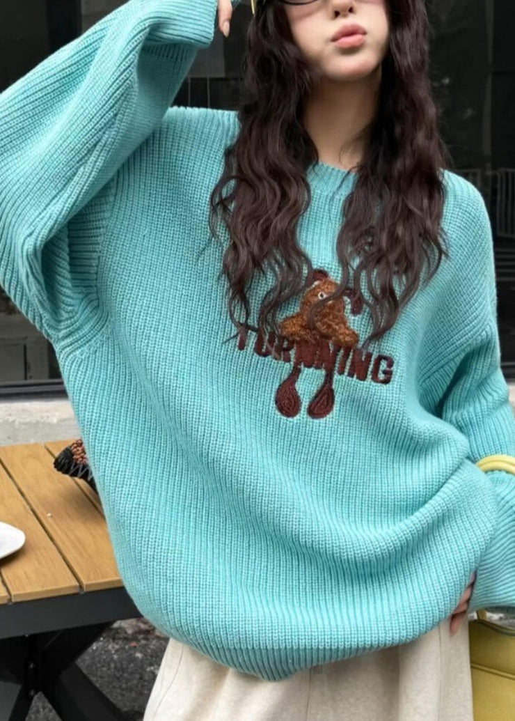 New Blue O Neck Embroidered Knit Sweaters Top Winter